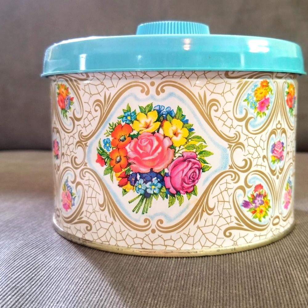 Vintage Mrs Leland's Old Fashioned Candy Tin Colorful Floral Design w/Blue Lid